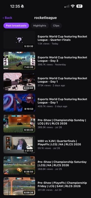 A channel's past broadcasts with durations and view counts